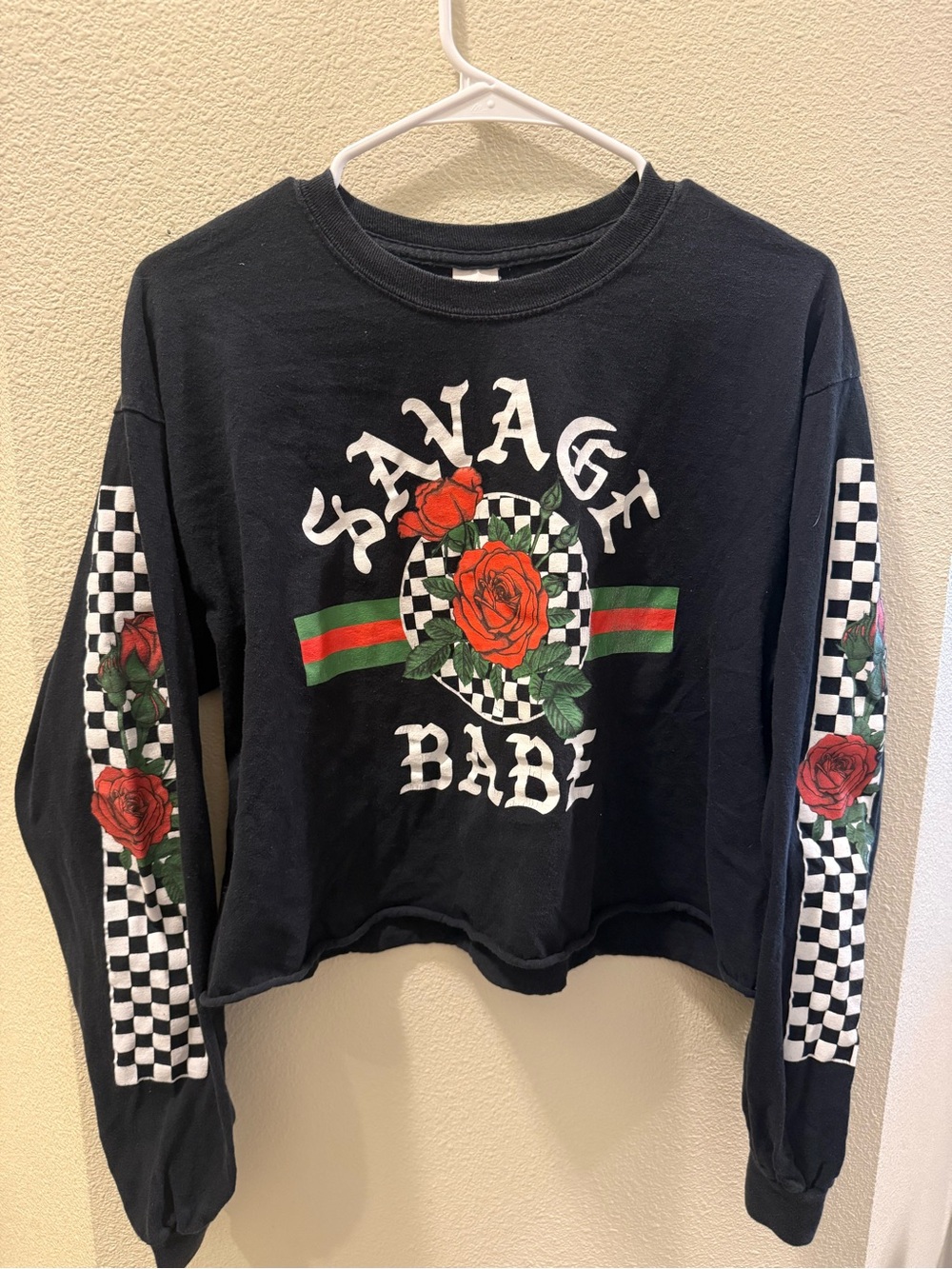 Gildan Black Long-Sleeve Graphic Crop Top with Red Rose Detail